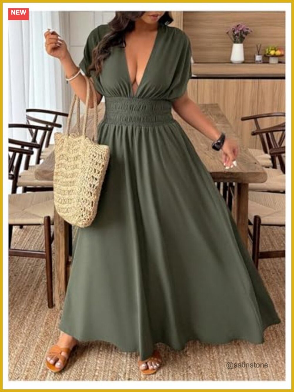 Deep V Neck Maxi Dress Short Sleeve Split Hem Flowy Summer - Picture 5 of 5